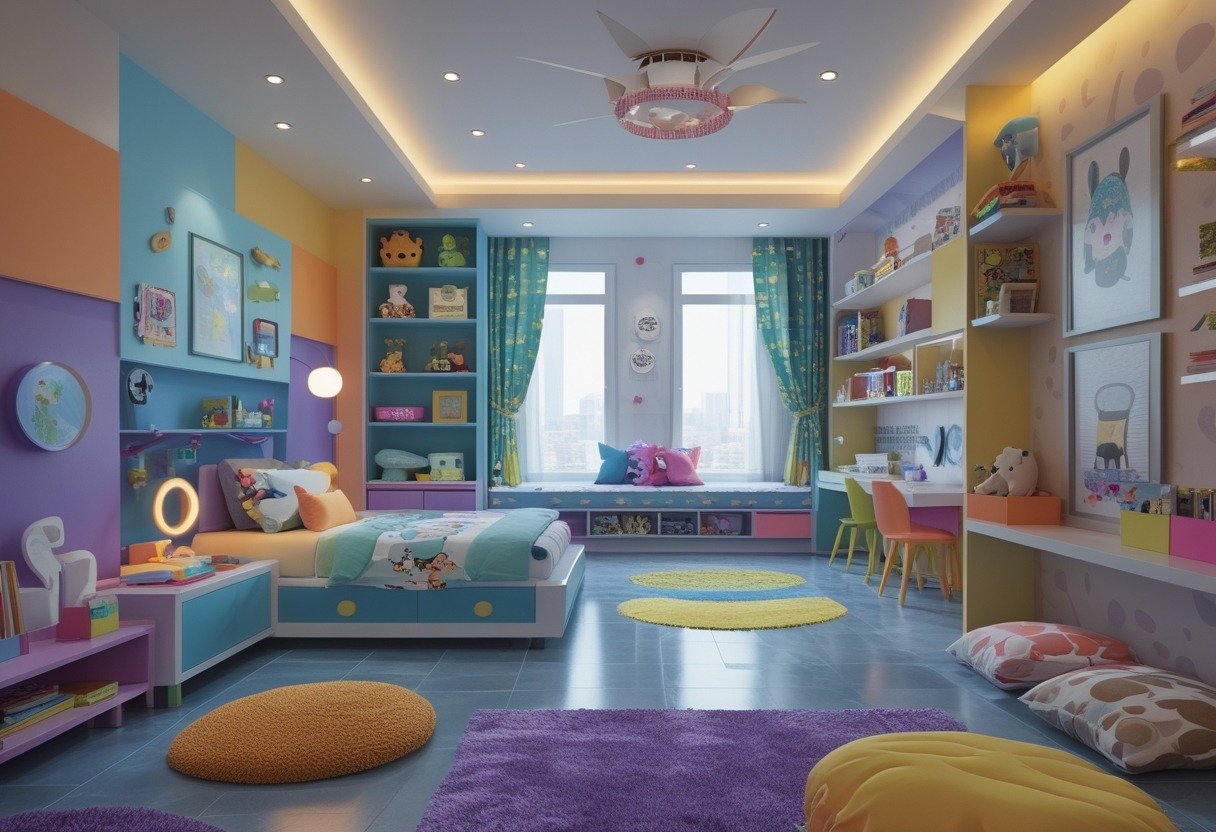 A children's bedroom with colorful walls, a cozy bed, shelves with toys, a study desk, and playful decorations.