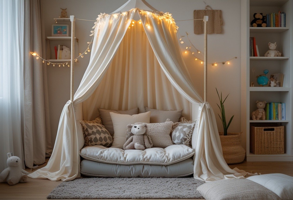 A cozy children's reading nook with a soft canopy and fairy lights, surrounded by pillows and children's bedroom decor.