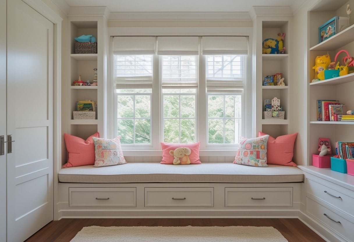 Children's bedroom with a built-in window seat that has storage drawers underneath, decorated with pillows and toys, illuminated by natural light from a large window.