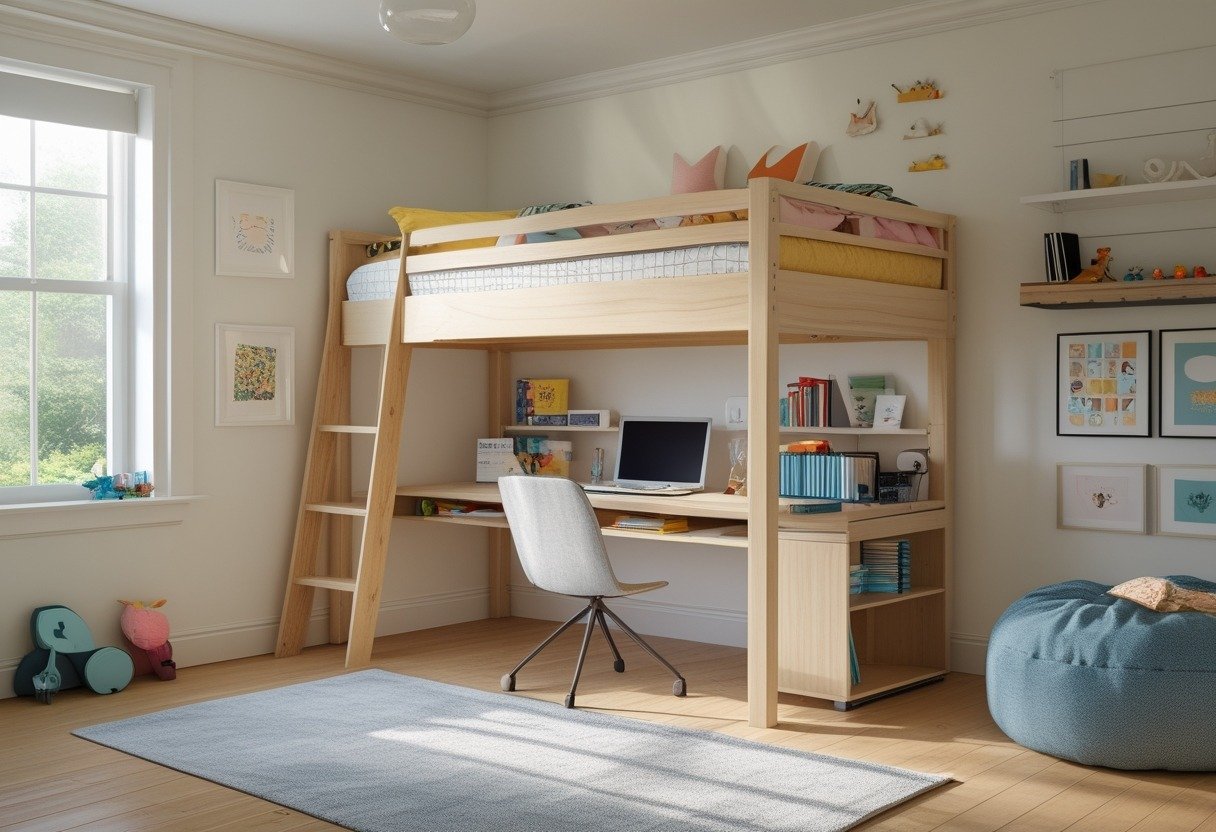 A kids bedroom with a loft bed and a study desk underneath, featuring organized shelves, a chair, and colorful bedding.