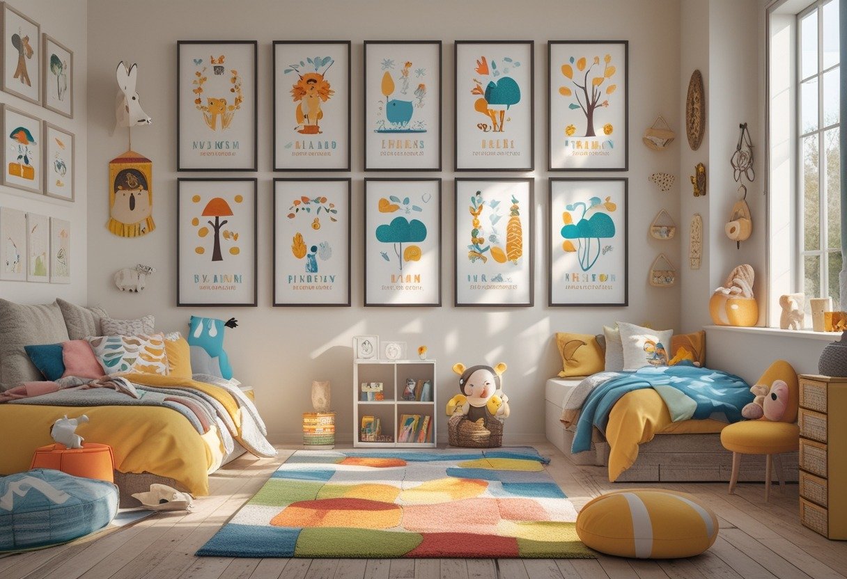 A children's bedroom with a gallery wall of framed personalized art prints, colorful decor, toys, and natural light.