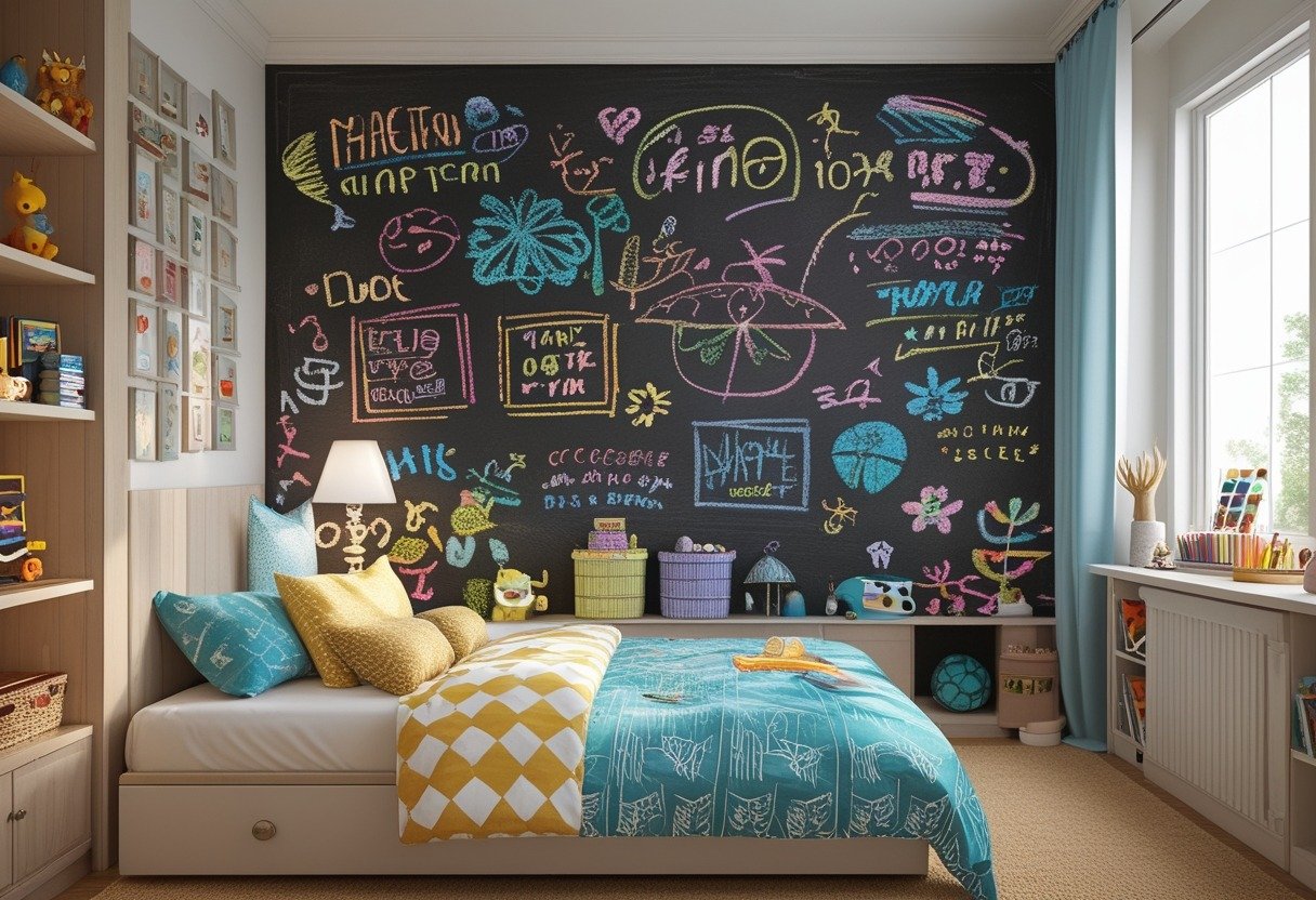 A kids' bedroom with a chalkboard wall covered in colorful doodles, a bed, shelves with toys, and a small table with art supplies.