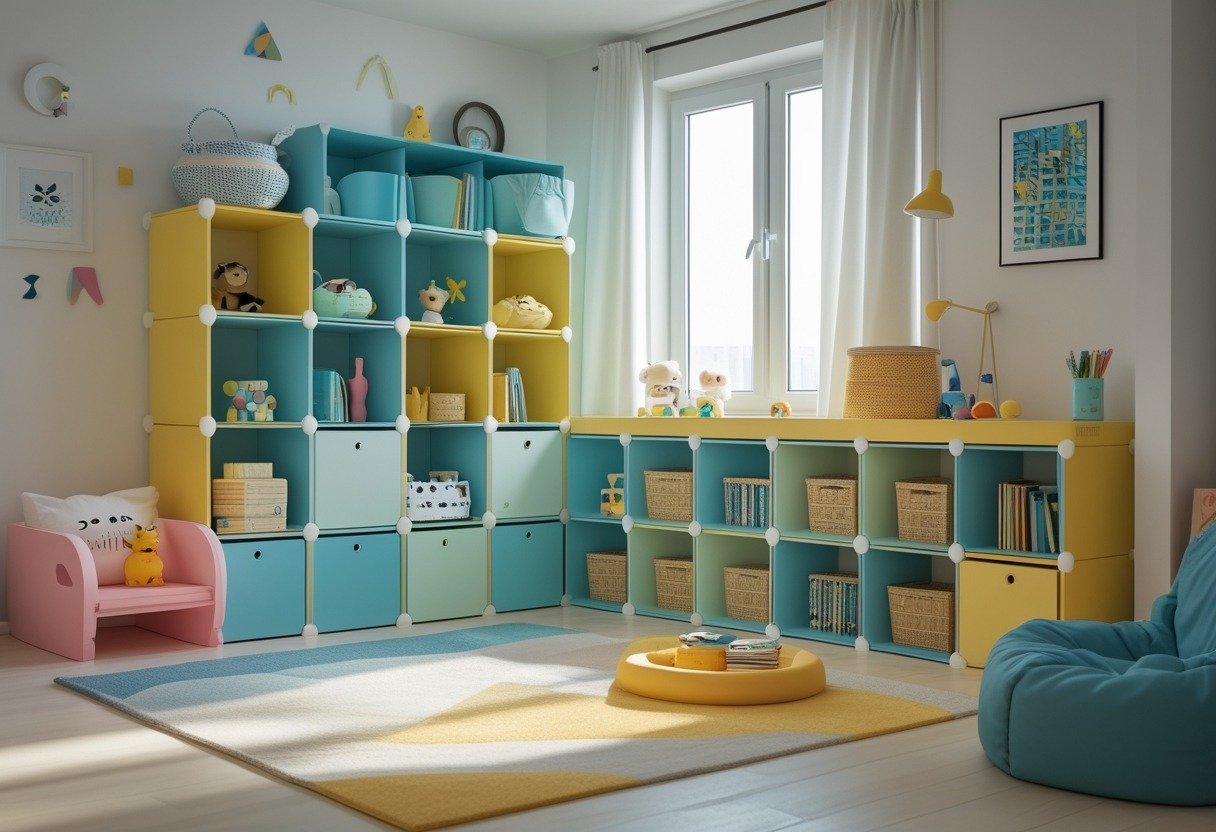 A neatly organized kids' bedroom with a modular cube storage system filled with toys and books, colorful decor, and natural light.
