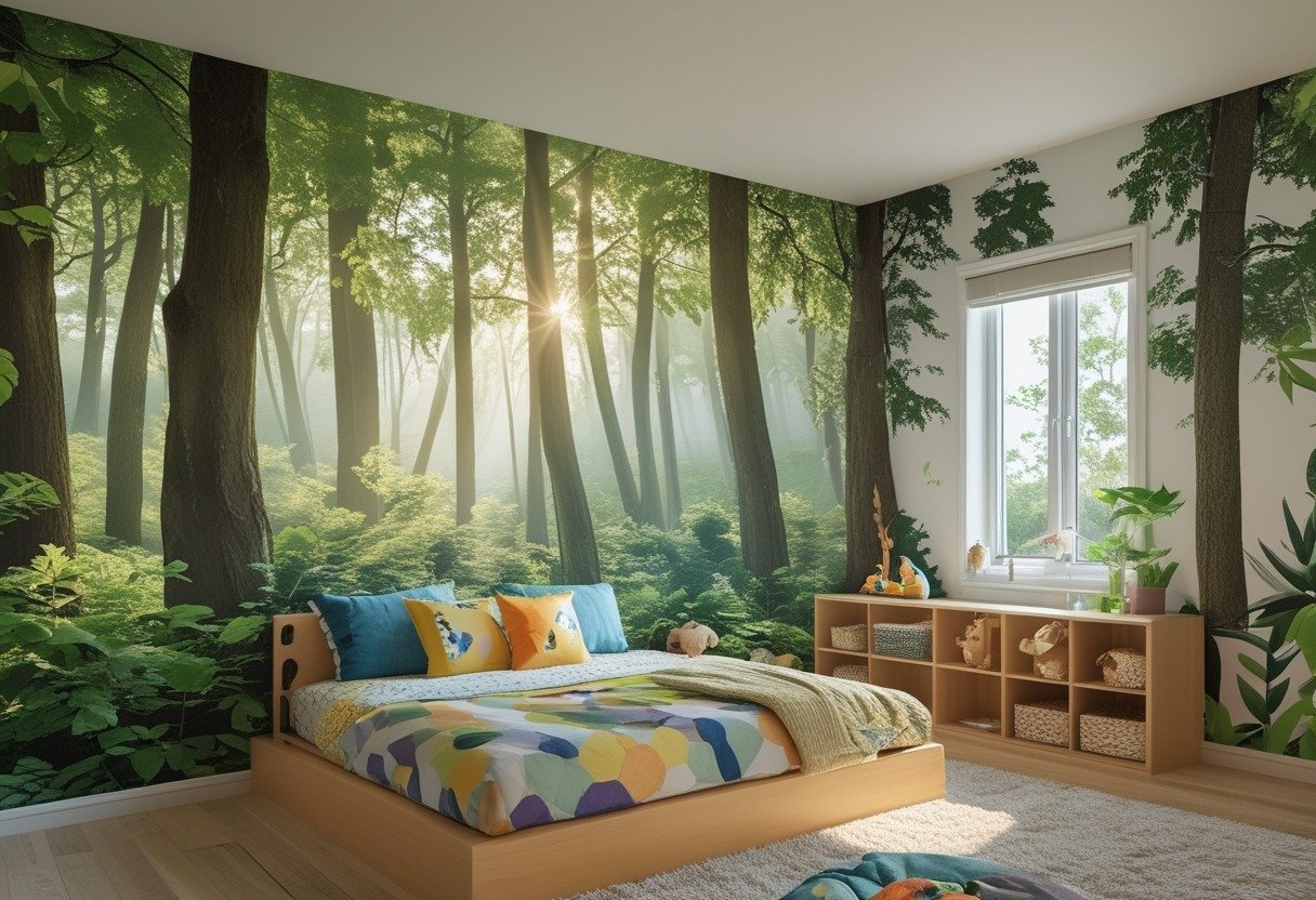 A children's bedroom with a forest mural and tree decals on the walls, a cozy bed, and natural light coming through a window.