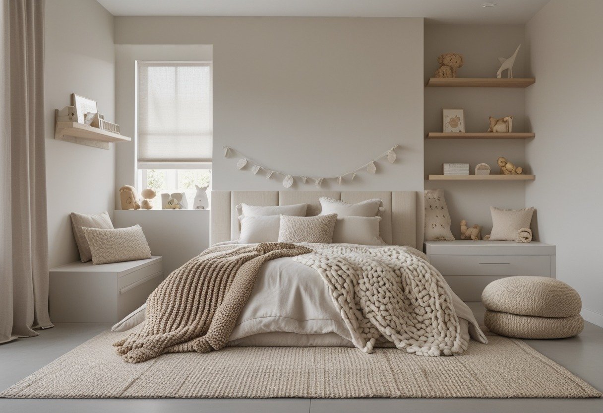 A kids bedroom with neutral colors, layered bedding, wooden furniture, and soft natural light from a window.