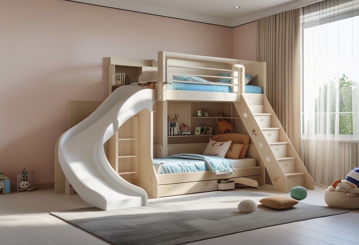 A children's bedroom with a bunk bed that has a slide and safety rails, decorated with colorful bedding and toys.