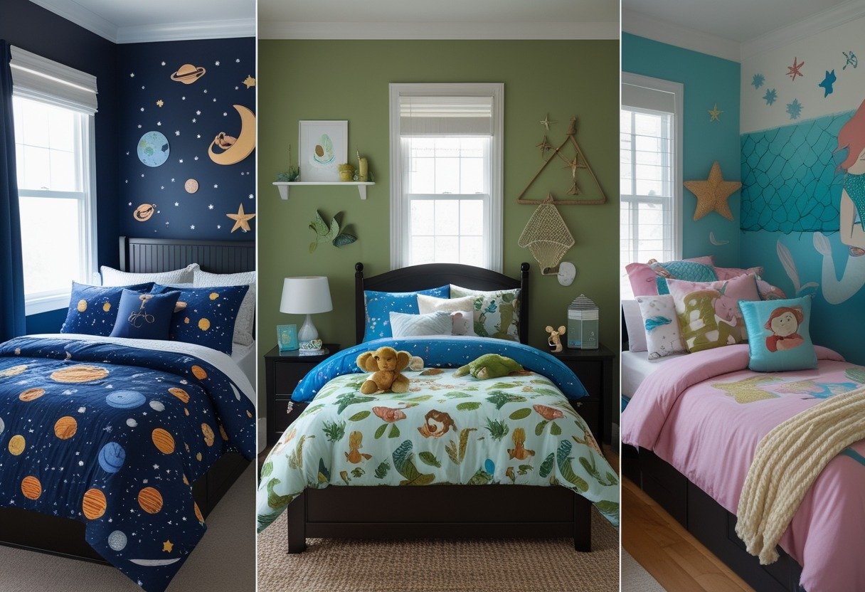 A children's bedroom showing three beds with space, jungle, and mermaid themed bedding and matching decor.