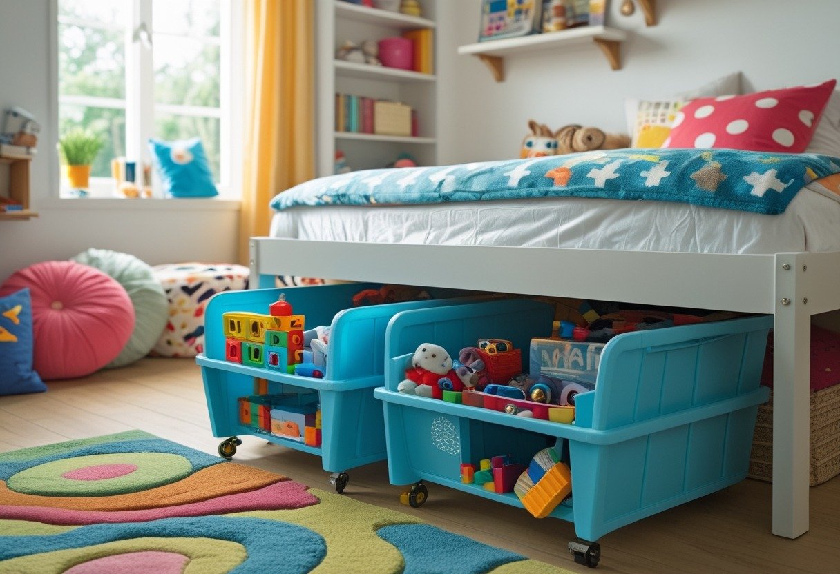 A children's bedroom with under-bed rolling toy organizers filled with toys neatly stored beneath a bed.