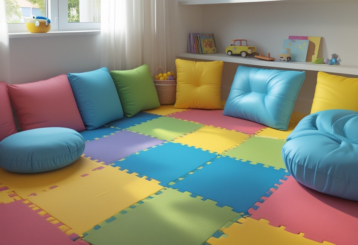 A children's bedroom corner with colorful foam mats and large cushions arranged for soft play.