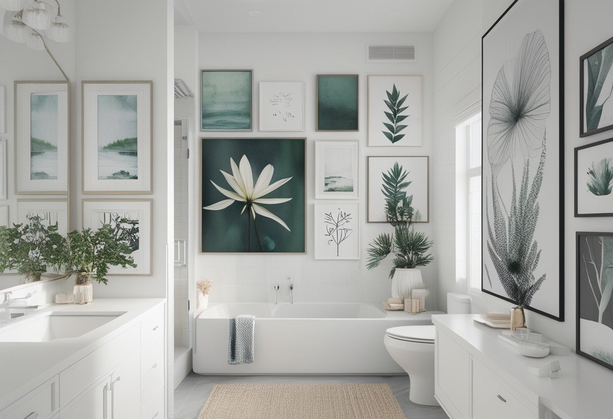 A modern bathroom with 14 different pieces of wall art displayed around the room, including paintings and photographs above the bathtub and near the sink.