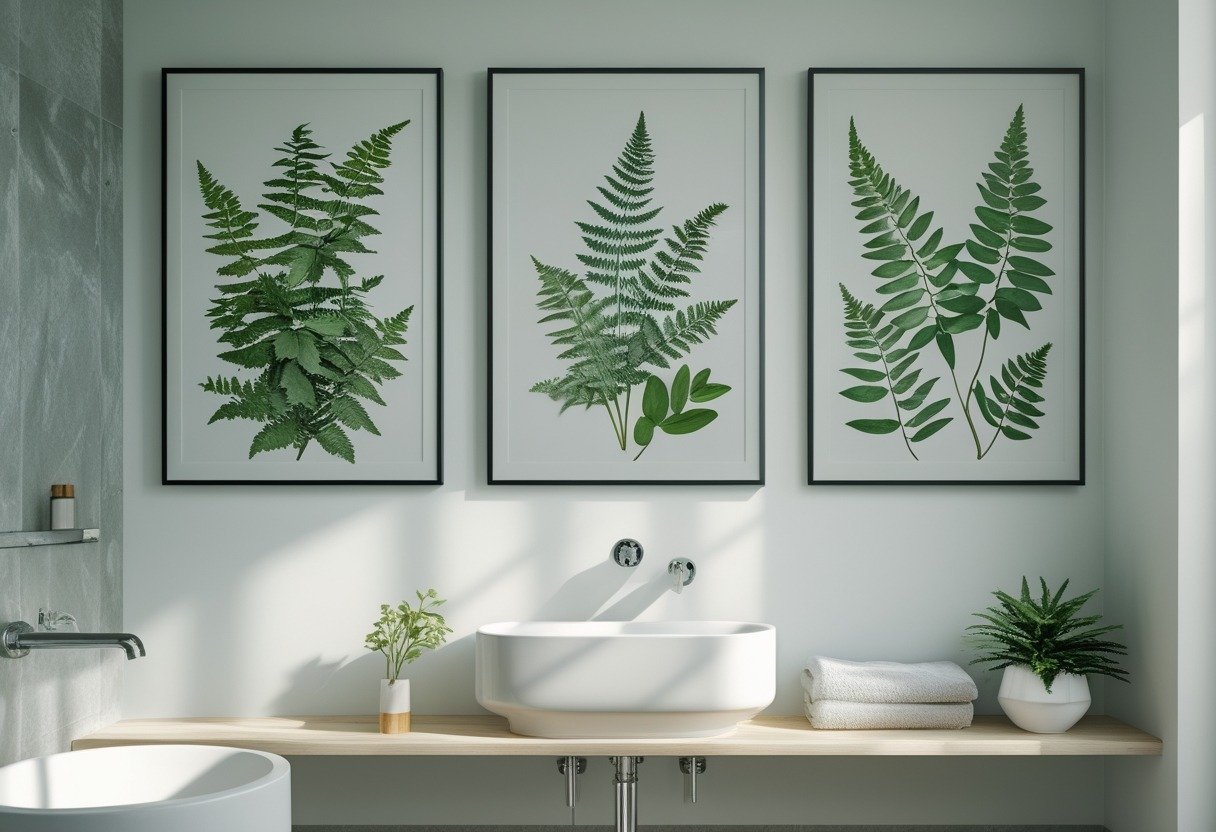 A bathroom wall with framed botanical prints of ferns and eucalyptus above a white sink with chrome fixtures.