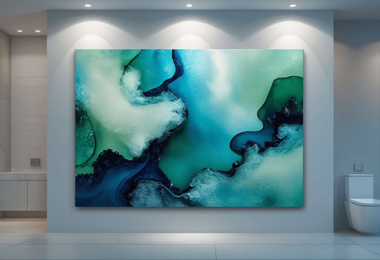 Abstract blue and green canvas artwork hanging on a bathroom wall with a clean, modern background.