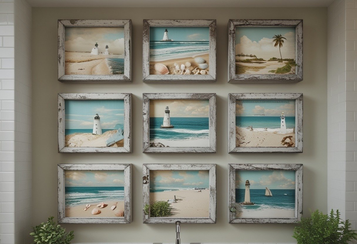 A collage of vintage coastal postcards in distressed wooden frames displayed on a bathroom wall with subtle bathroom elements around.
