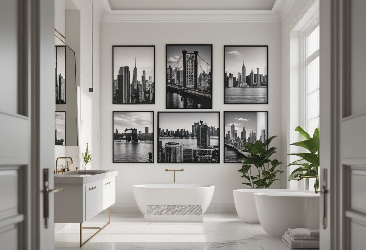 A modern bathroom with a gallery wall of black-and-white photographs showing New York City scenes.