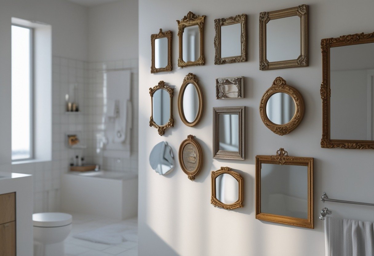 A bathroom wall decorated with a collection of small antique mirrors in various frames arranged together.