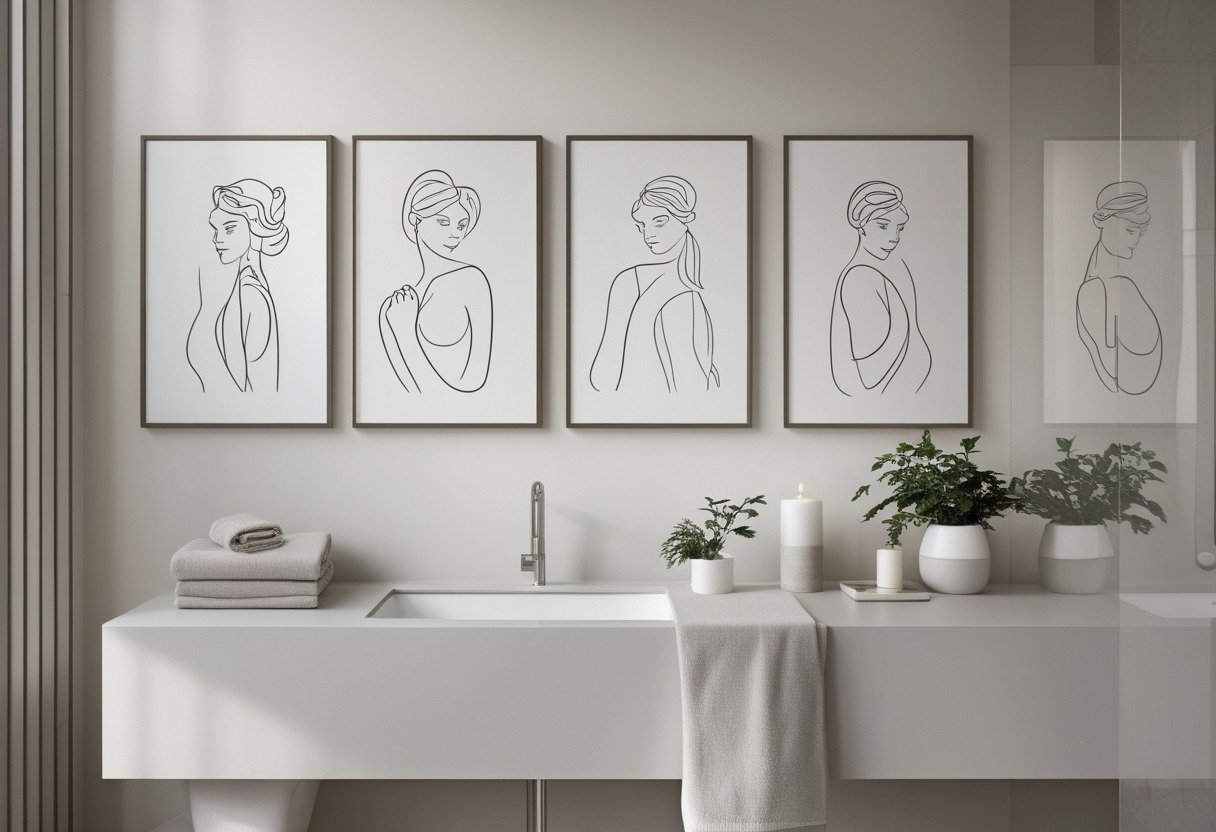 A modern bathroom with framed minimalist line art prints of female figures displayed above a vanity with plants and towels.