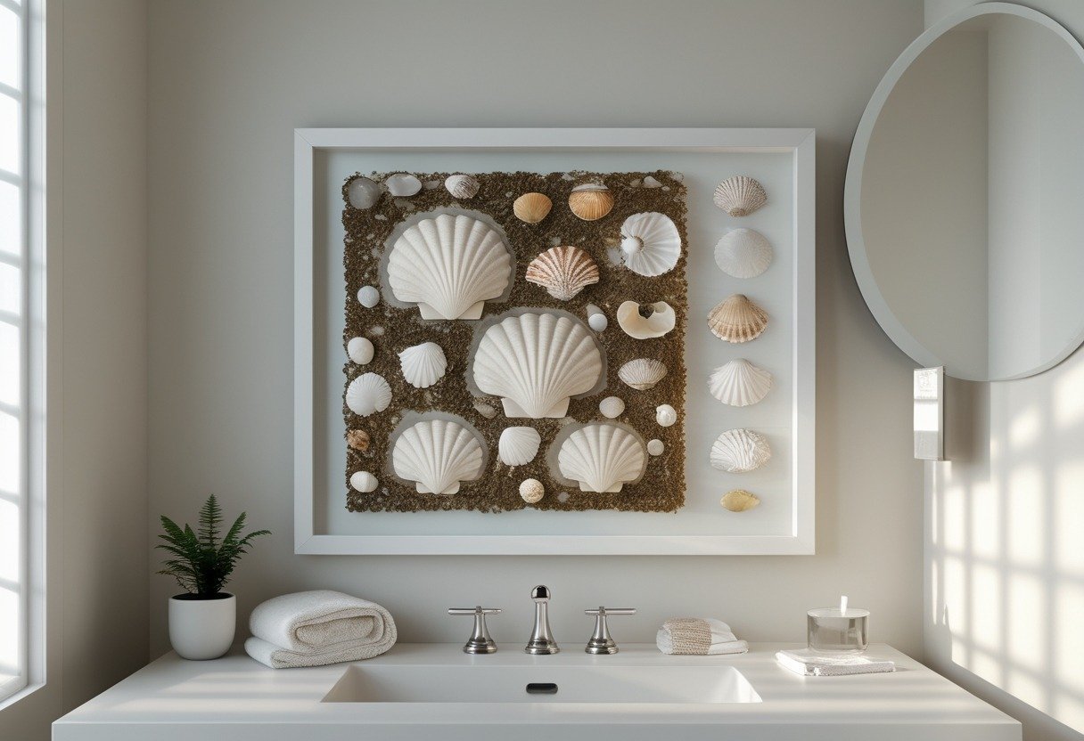 A bathroom wall displaying float-framed pressed seaweed and shells above a white vanity with a round mirror and small plant.