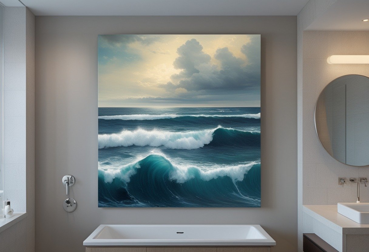 A large ocean painting hanging above a bathroom vanity with a mirror and faucet.