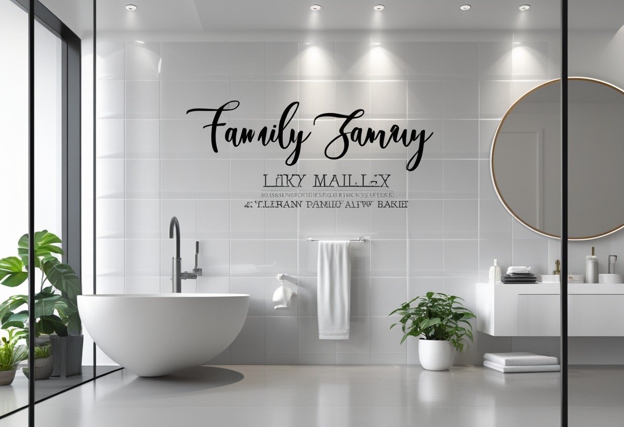 A modern bathroom with white subway tiles and custom family name tile art on the wall, featuring a vanity, mirror, and plants.