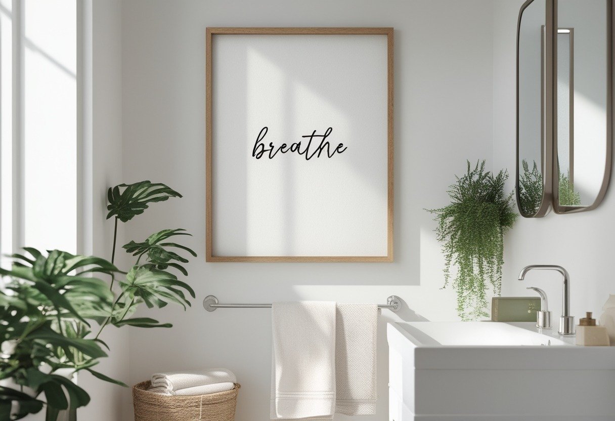 A bright bathroom with a framed piece of wall art above a white sink, surrounded by plants and towels.