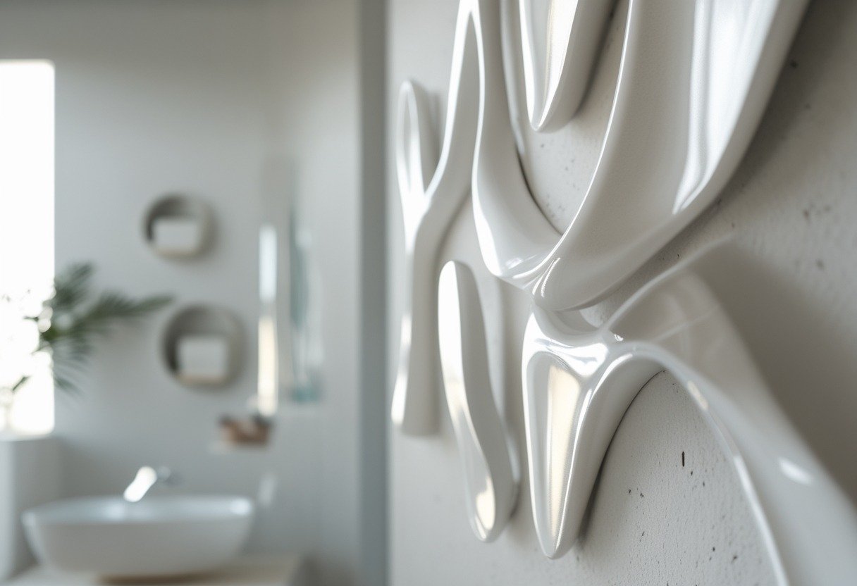 A set of white ceramic wall sculptures displayed on a bathroom wall with soft lighting and minimal decor.
