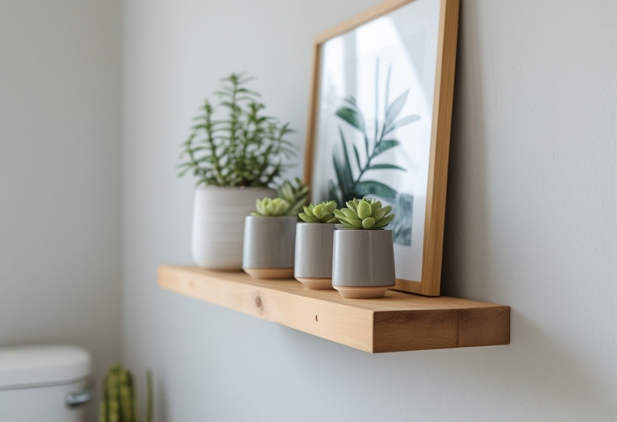 A floating wooden shelf in a bathroom holding small potted succulents and a framed print on a light-colored wall.