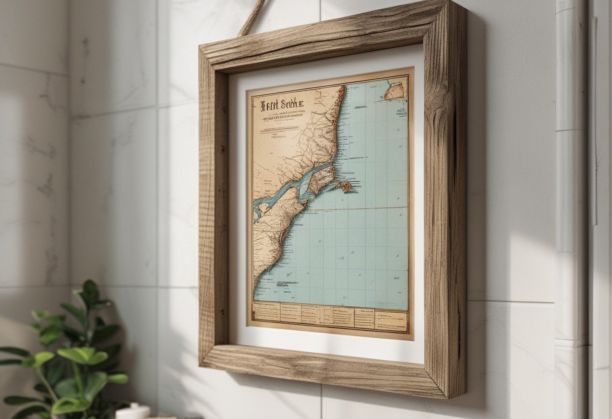 A framed beach map hanging on a bathroom wall with tiles, a small plant, and folded towels nearby.