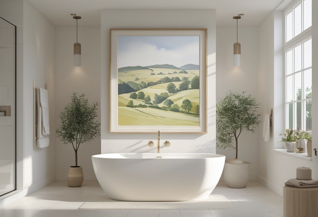 A bathroom interior with a framed painting of a landscape hanging on the wall above a sink.