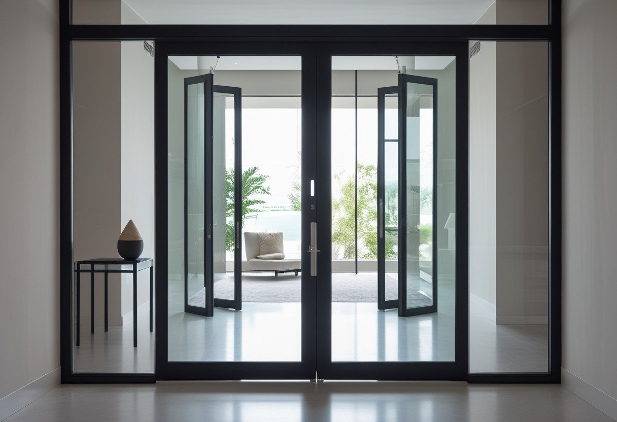 A pair of black steel-frame glass double doors opening to a bright interior room.
