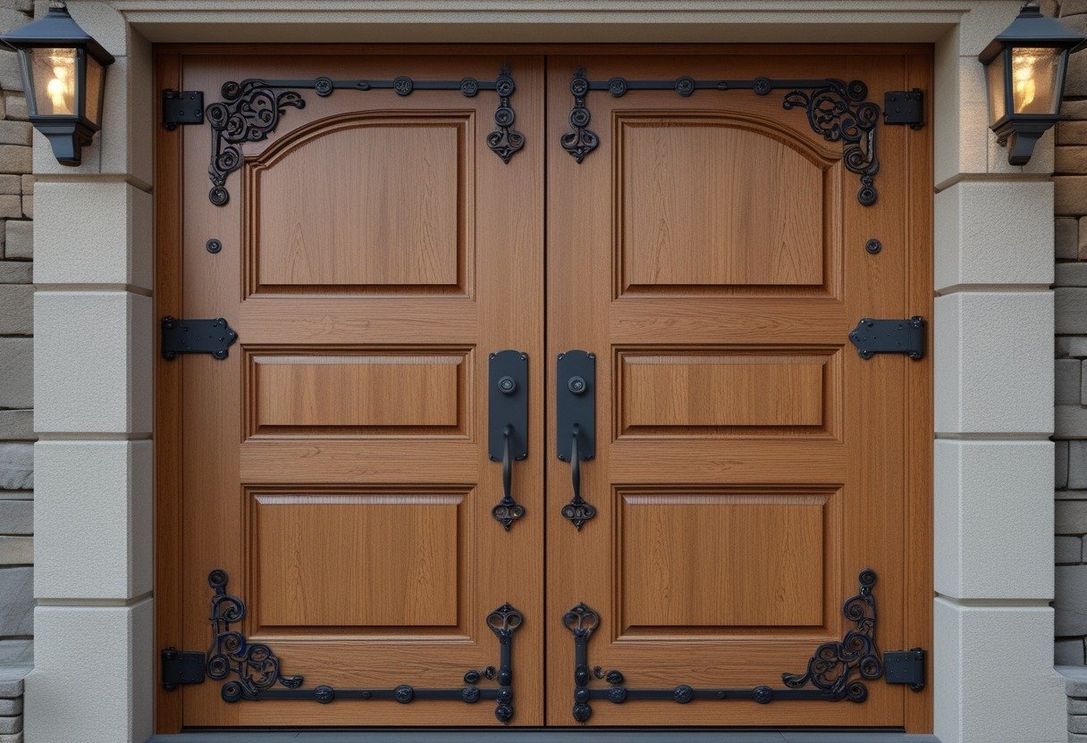 Solid wooden double doors with decorative iron hardware set in an exterior wall.