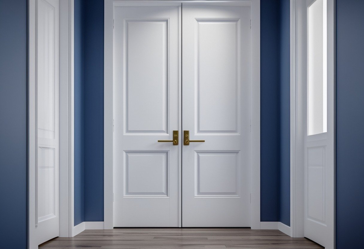A pair of navy blue double doors with brass pull handles.