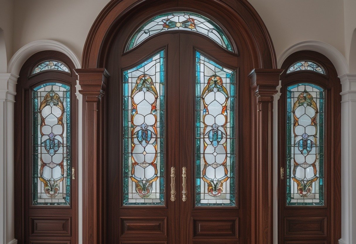 Arched double doors made of mahogany with decorative stained-glass panels.