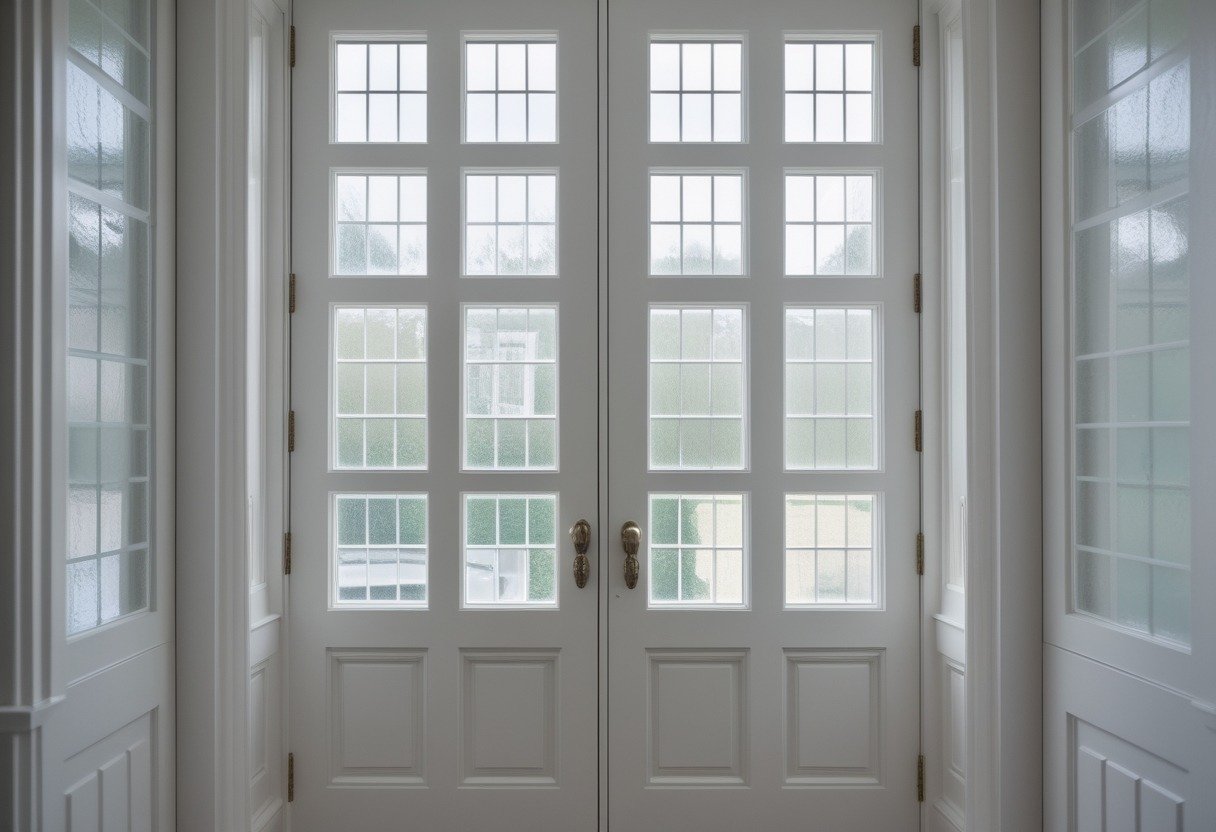 A set of closed white French doors with multiple small glass panes letting in natural light.