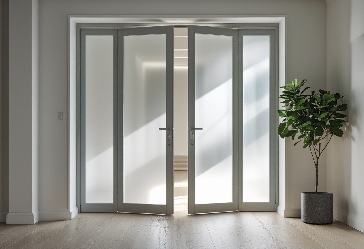 A pair of pivot-style double doors with frosted glass panels in a bright, modern interior space.