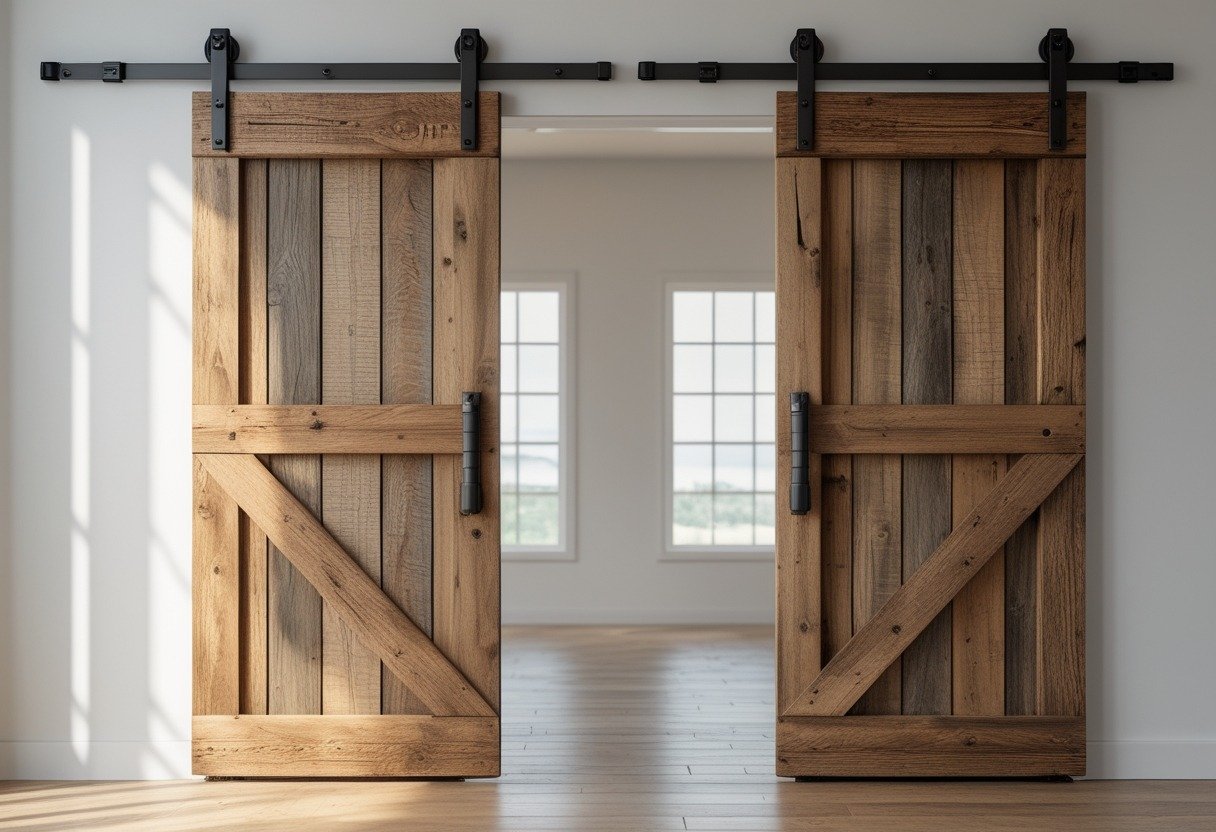 Reclaimed barnwood double doors with black sliding barn-track hardware partially open, showing a bright interior.