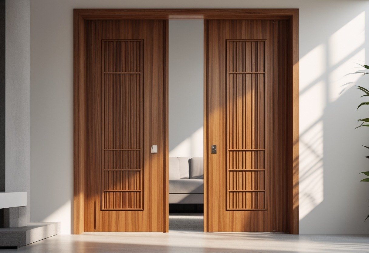 A pair of wooden double doors with horizontal slats in a modern interior setting.
