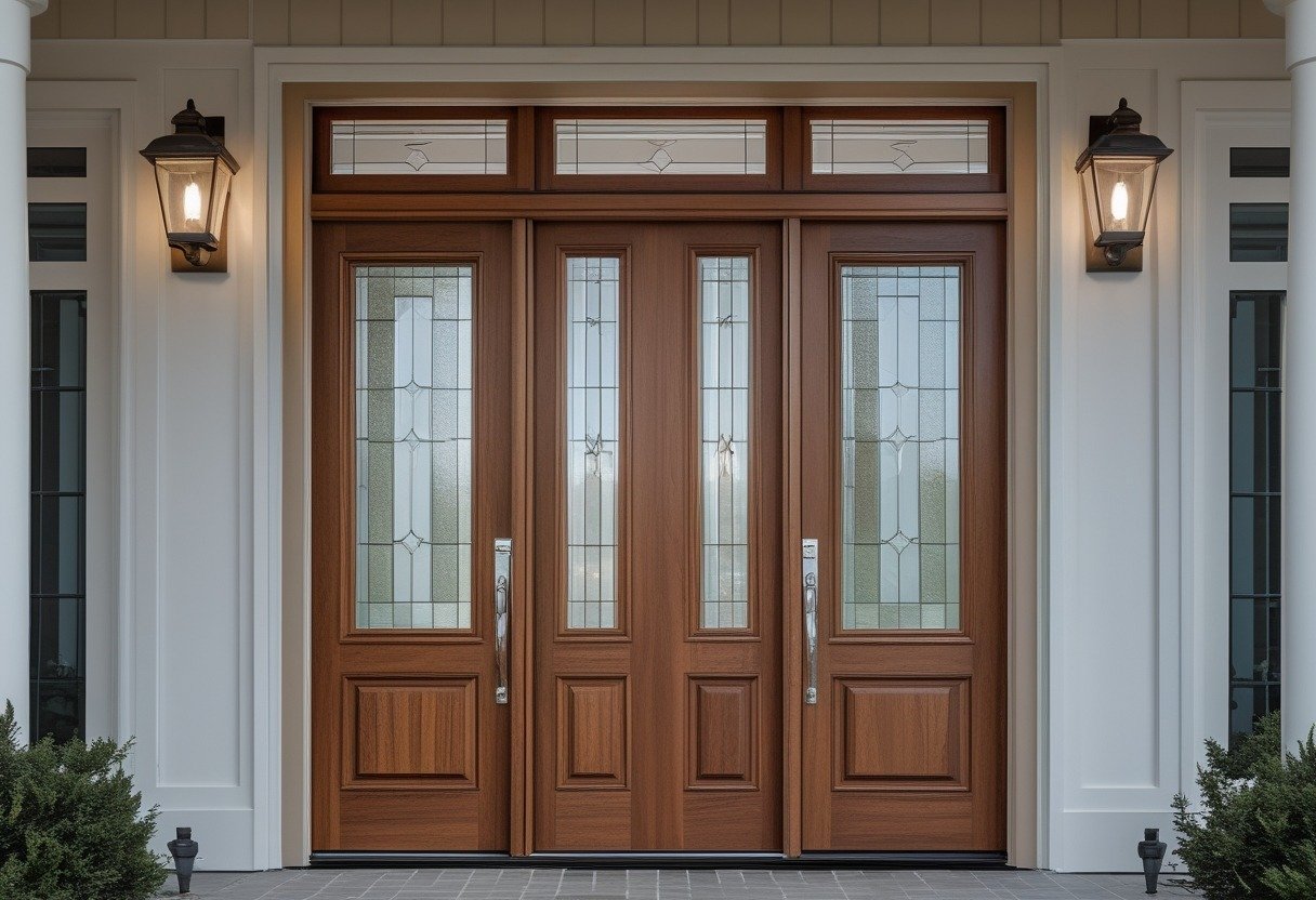 A pair of wooden double doors with glass panels on the sides and above, set in a well-lit exterior entryway.