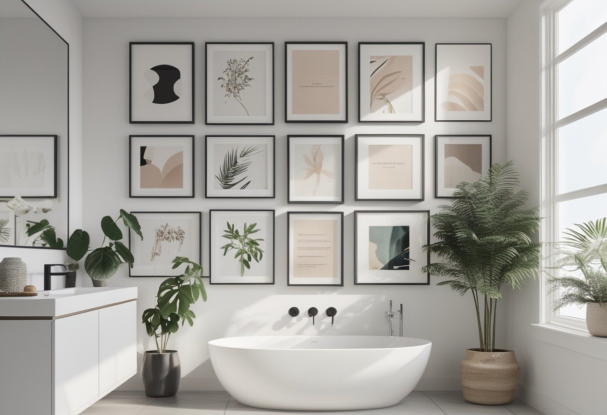 A modern bathroom with a wall decorated by 15 framed artworks arranged neatly above a vanity with a mirror and plants.