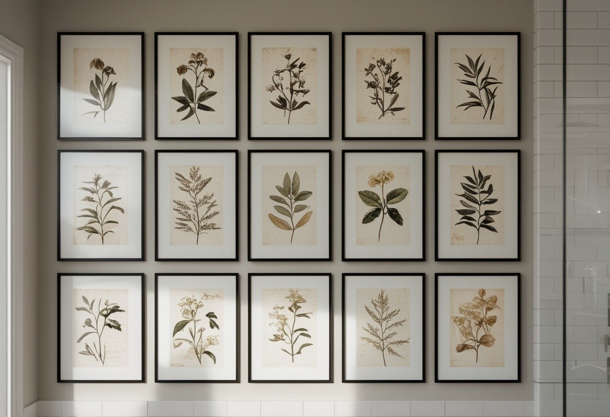 A bathroom wall decorated with fifteen framed vintage botanical prints arranged in a gallery style.