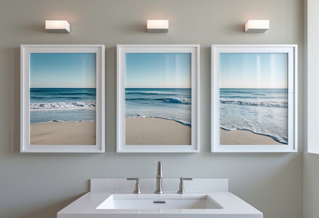 Three framed coastal photographs arranged side by side on a bathroom wall above a vanity.