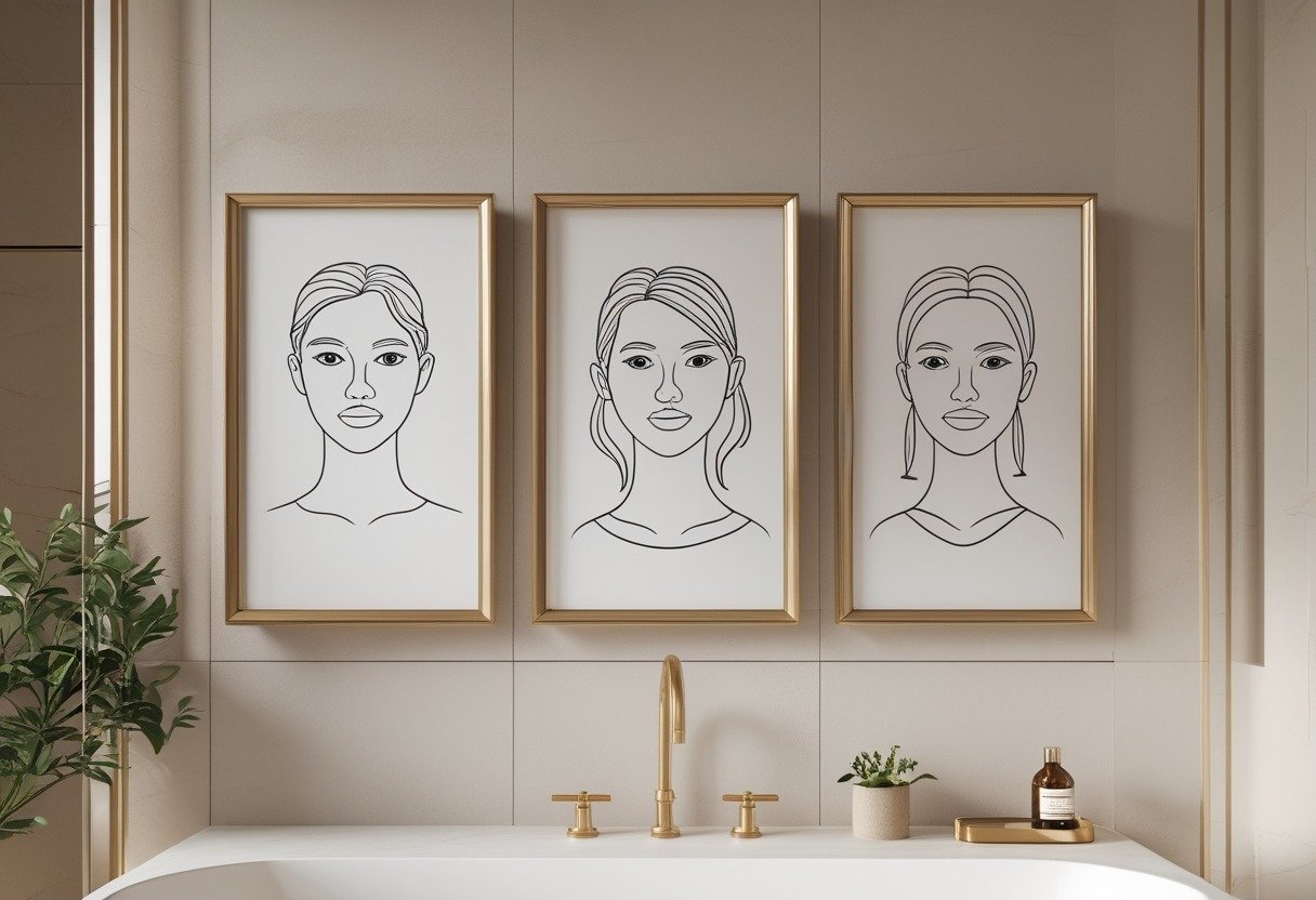 Three minimalist line-drawing portraits in brass frames hanging on a bathroom wall with soft lighting and subtle decor.