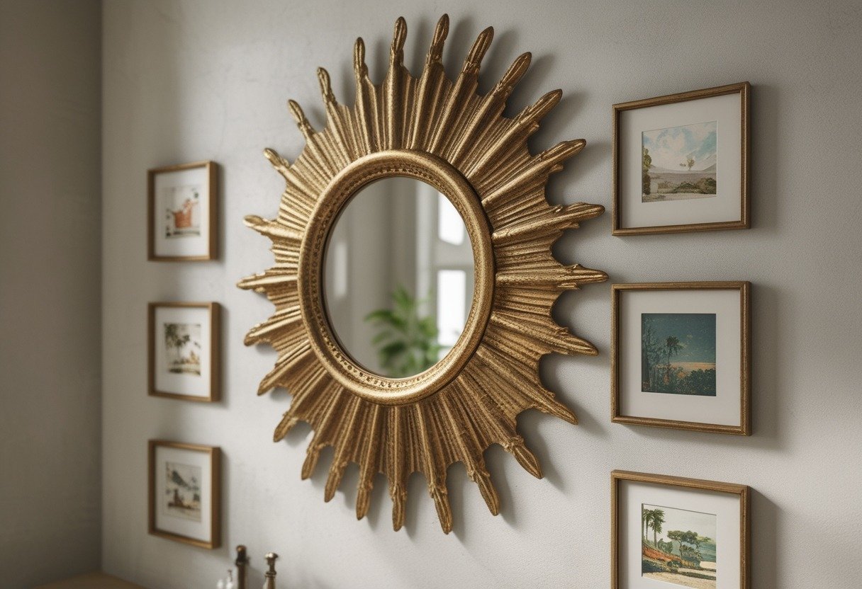 A wall with an antique gold sunburst mirror surrounded by small framed postcards arranged in a decorative pattern.
