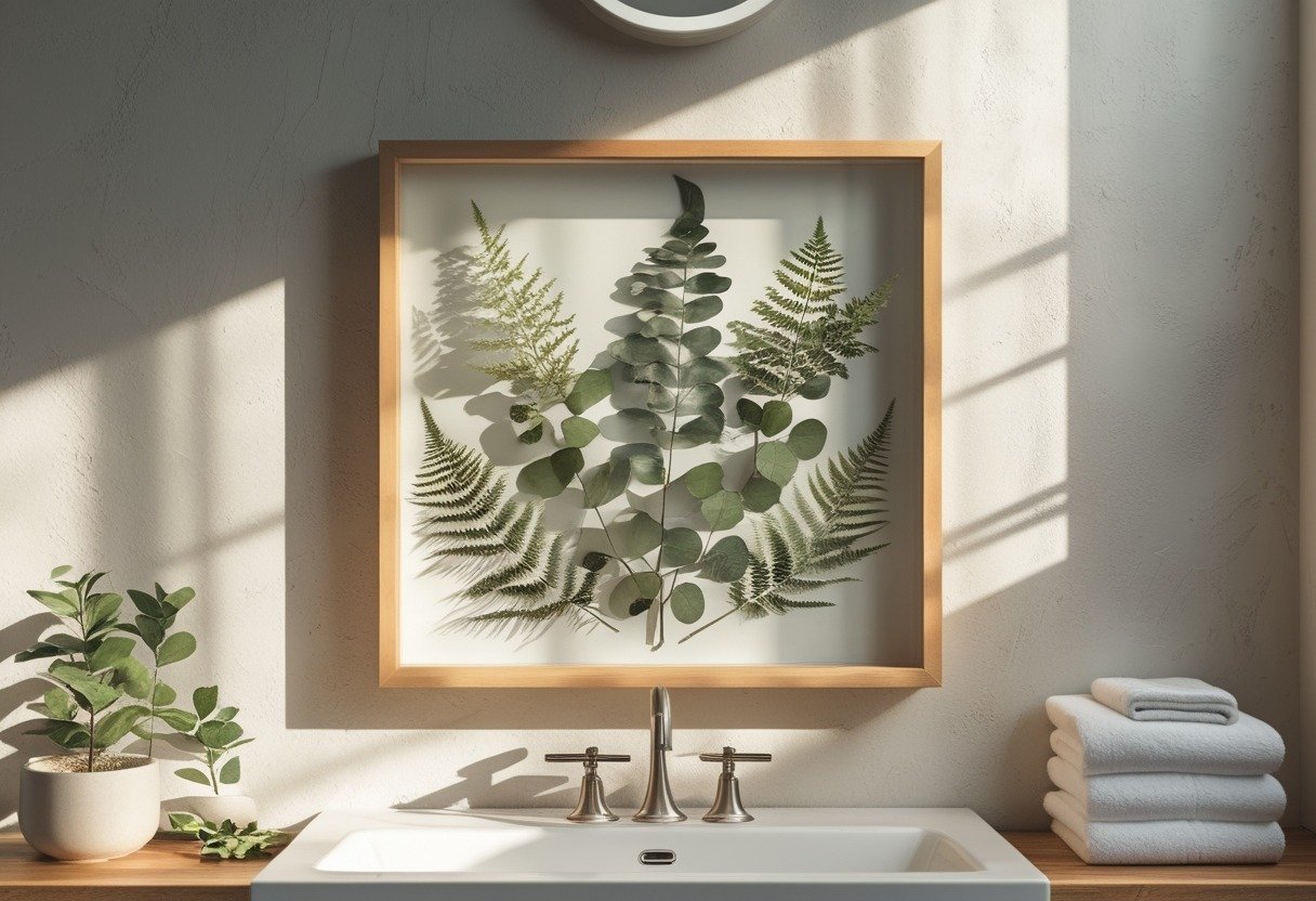 A framed shadowbox with pressed eucalyptus and fern leaves hanging on a bathroom wall above a sink with towels and a small plant nearby.