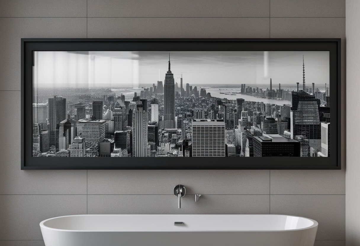 Modern bathroom with a bathtub underneath a large framed black-and-white cityscape photograph on the wall.