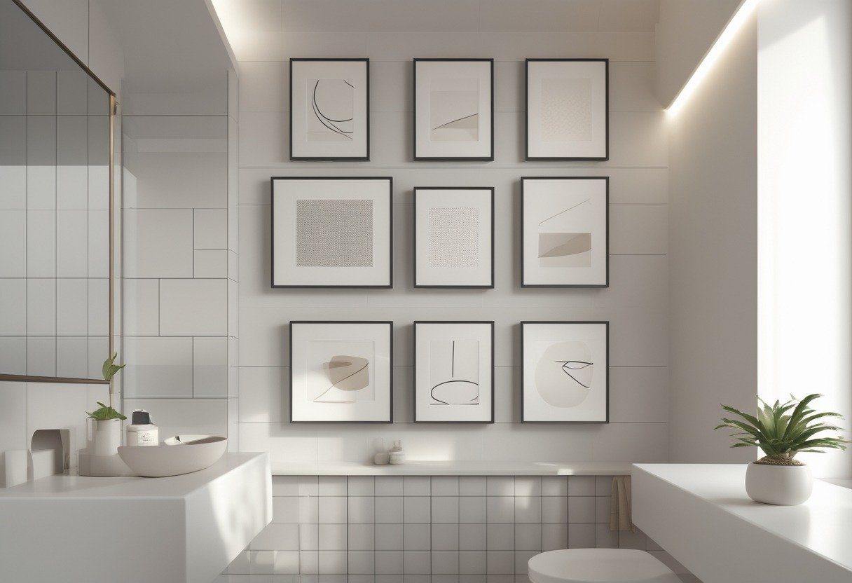 A modern bathroom wall with several framed art pieces, a countertop with a plant, towels, and bathroom accessories.