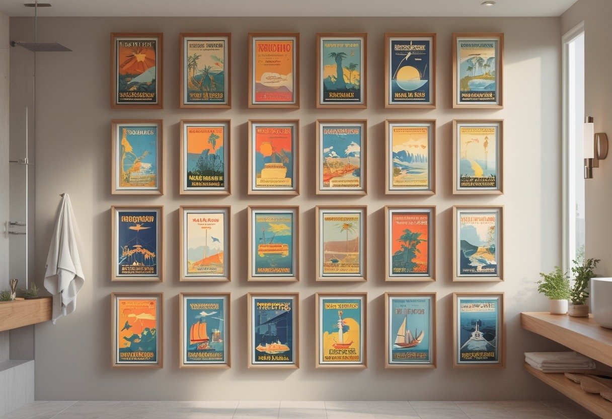 A bathroom wall decorated with 15 framed retro travel posters in matching wooden frames, surrounded by modern bathroom fixtures and small plants.