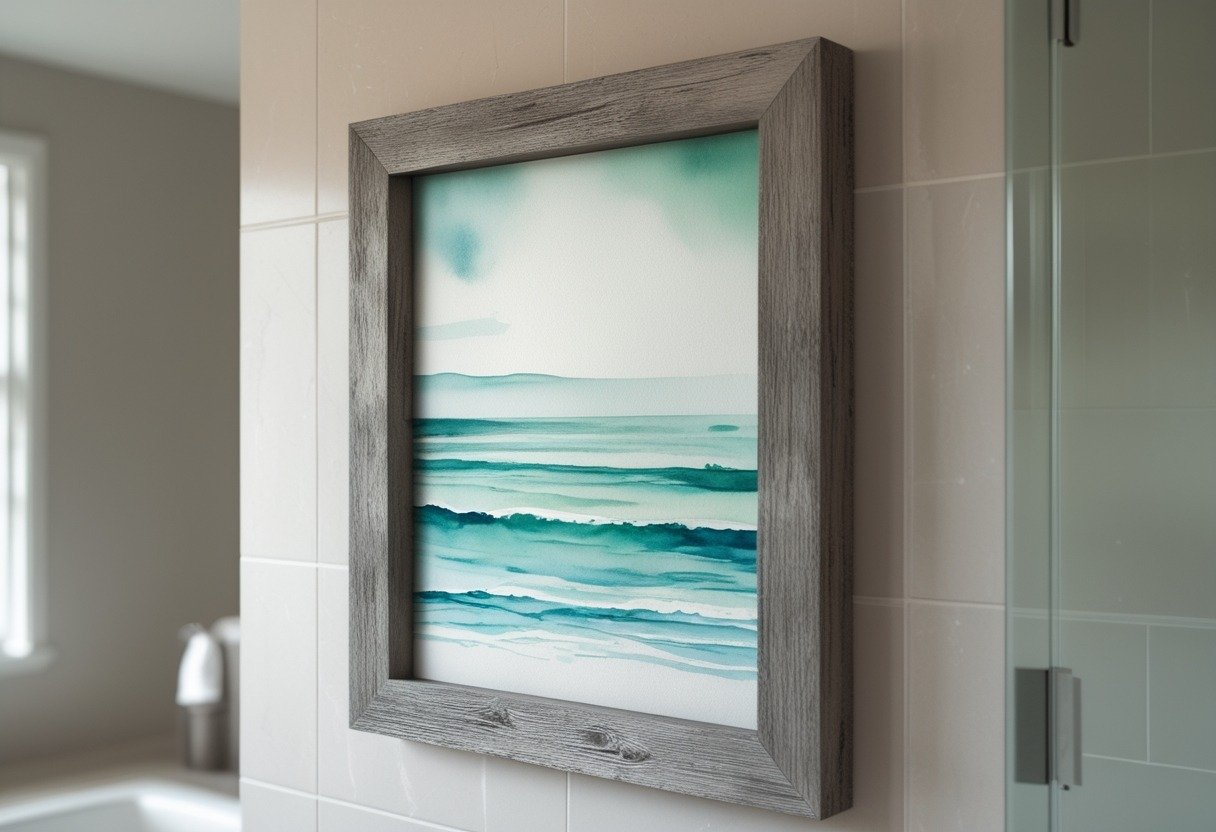 A framed watercolor painting of an ocean scene hanging on a bathroom wall with a distressed wood frame.