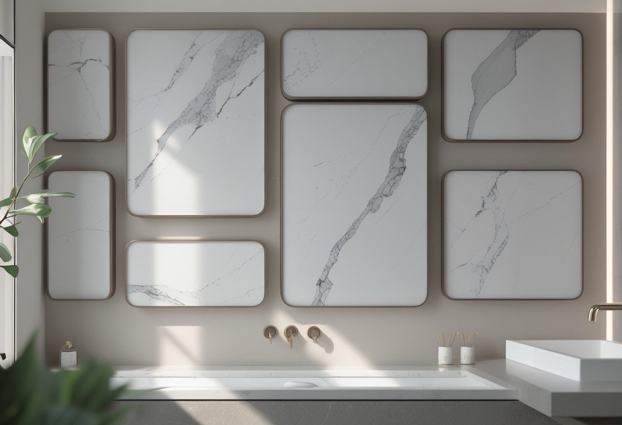 A modern bathroom wall decorated with framed marble-effect ceramic tile panels arranged as wall art above a sink and countertop.