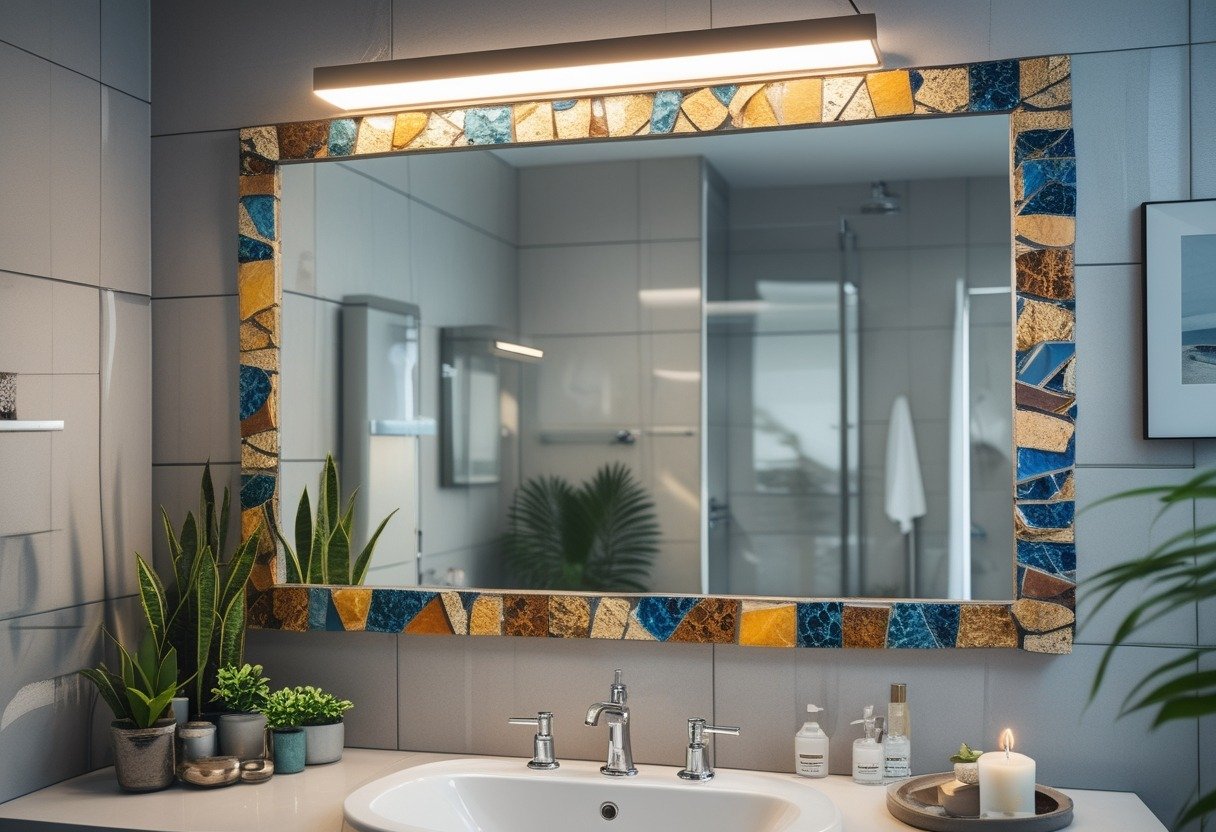 A bathroom wall with a mirror framed by colorful broken tile pieces arranged in a mosaic pattern.