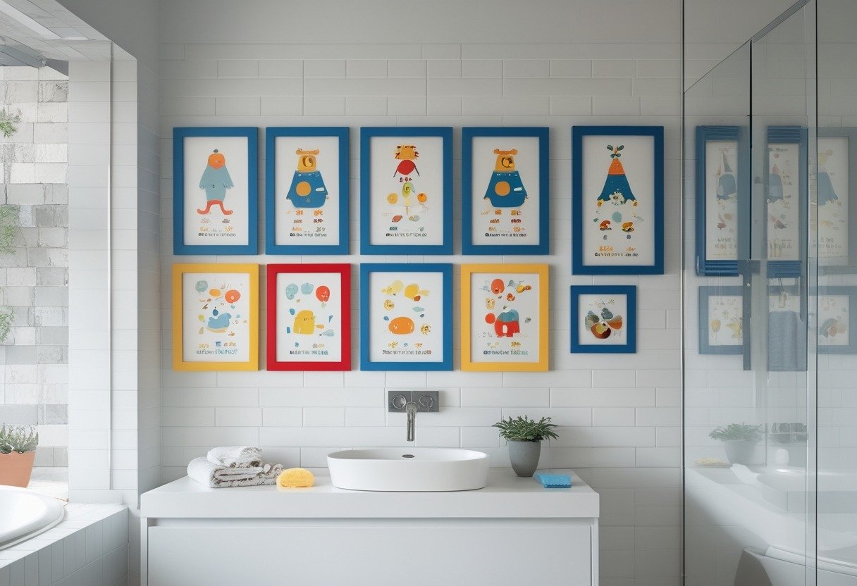 Bathroom wall with 15 colorful framed children’s illustrations above a white vanity with sink and mirror.